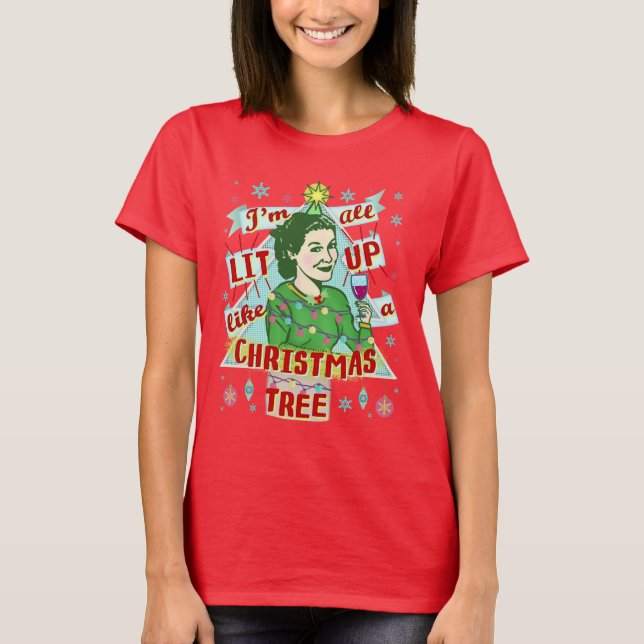 Funny Christmas Retro Drinking Humour Woman Lit Up T-Shirt (Front)