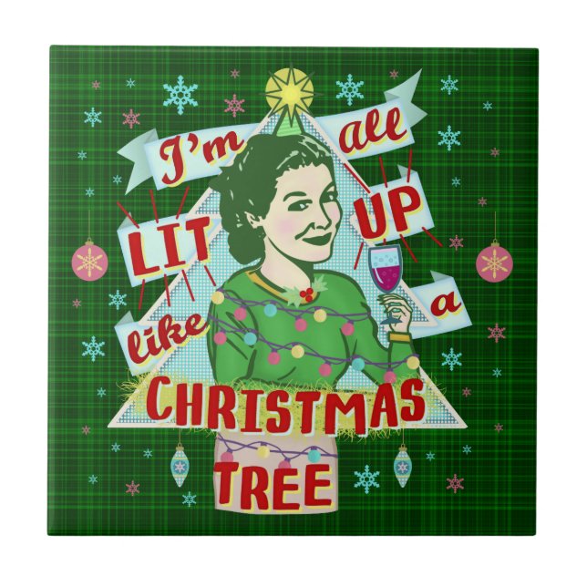 Funny Christmas Retro Drinking Humour Woman Lit Up Tile (Front)