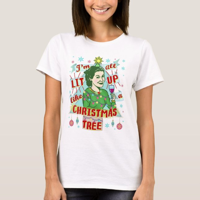 Funny Christmas Retro Lit Up Drinking Humour Woman T-Shirt (Front)