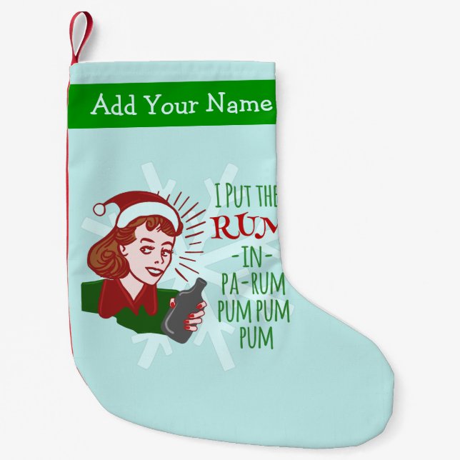 Funny Christmas Retro Rum Drinking Woman Holiday Small Christmas Stocking (Front)