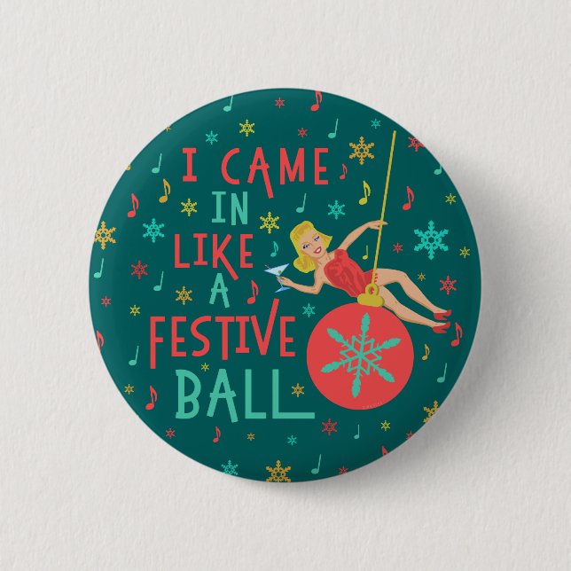 Funny Christmas Retro Woman on Festive Xmas Ball 6 Cm Round Badge (Front)