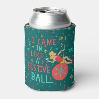 Funny Christmas Retro Woman on Festive Xmas Ball Can Cooler