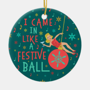 Funny Christmas Retro Woman on Festive Xmas Ball Ceramic Tree Decoration