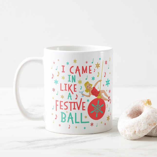 Funny Christmas Retro Woman on Festive Xmas Ball Coffee Mug (With Donut)