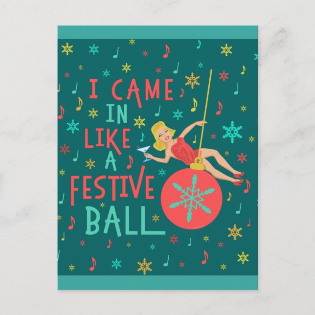 Funny Christmas Retro Woman on Festive Xmas Ball Holiday Postcard (Front)
