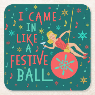 Funny Christmas Retro Woman on Festive Xmas Ball Square Paper Coaster