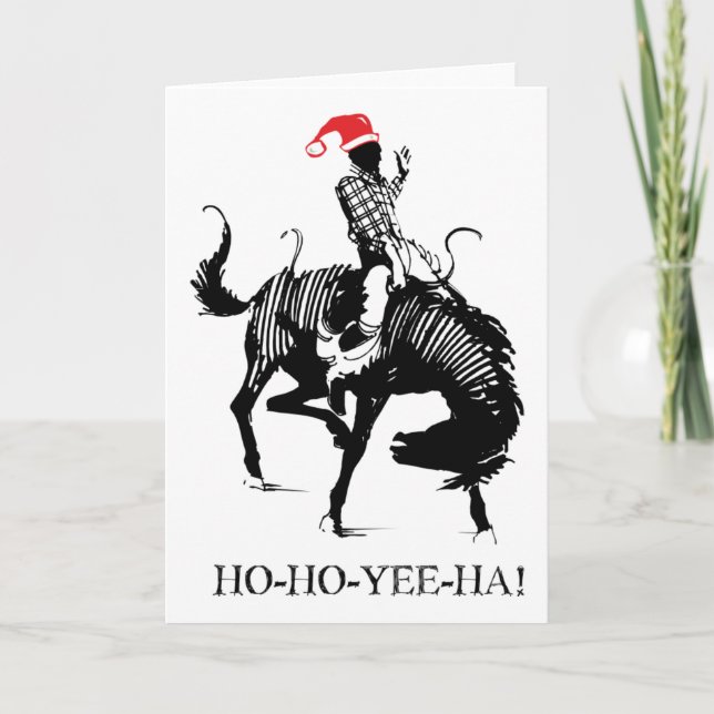 Funny Christmas rodeo Santa on black horse Holiday Card (Front)
