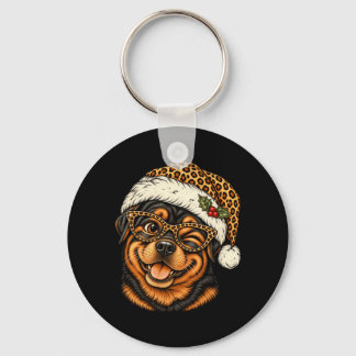 Funny Christmas Rottweiler With Leopard Santa Hat Key Ring