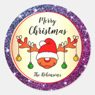 Funny Christmas Rudolph Reindeer Purple Glitter Classic Round Sticker