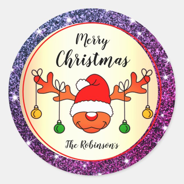 Funny Christmas Rudolph Reindeer Purple Glitter Classic Round Sticker (Front)