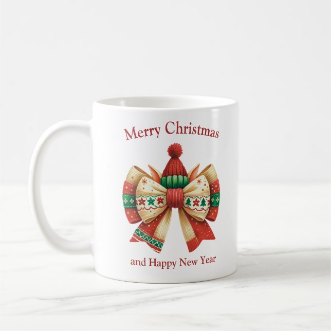 Funny Christmas rustic bow with elves hat Coffee Mug (Left)