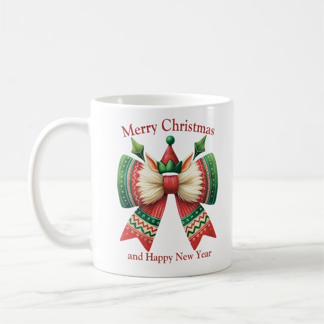 Funny Christmas rustic bow with elves hat Coffee Mug (Left)