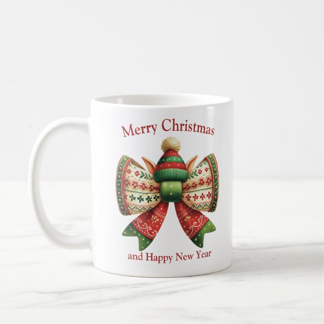 Funny Christmas rustic bow with elves hat Coffee Mug (Left)