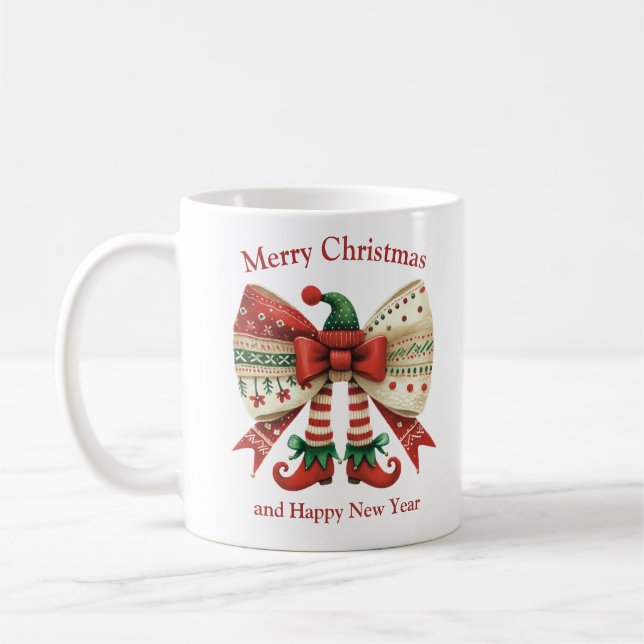 Funny Christmas rustic bow with elves hat Coffee Mug (Left)