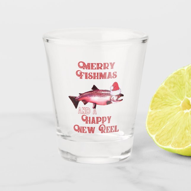Funny Christmas Salmon Fishing Pun Santa Hat Shot Glass (Front)