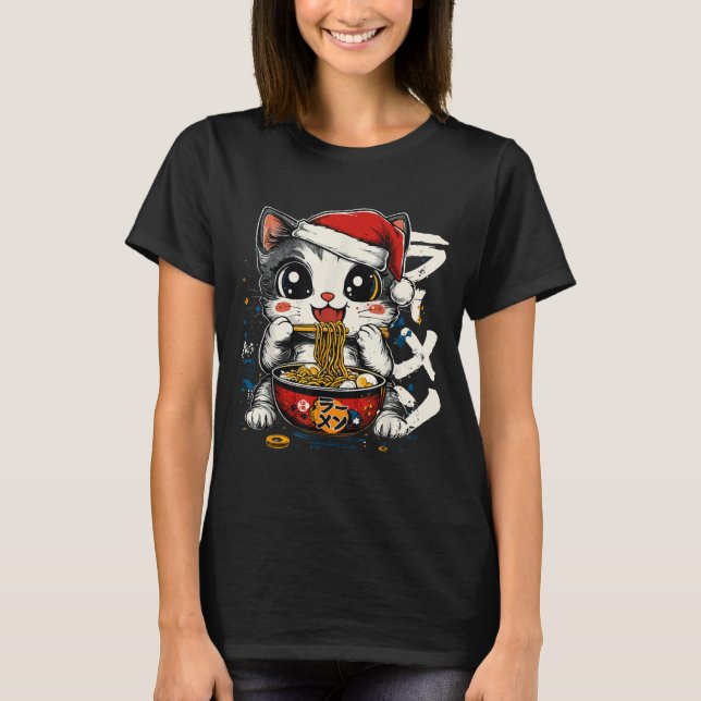 Funny Christmas Santa Cat Ramen Japanese Kawaii An T-Shirt (Front)