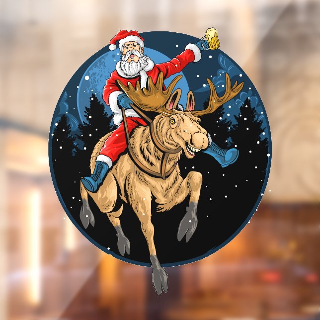 Funny Christmas Santa Claus Beer Riding A Moose  Window Cling (Sheet 2)
