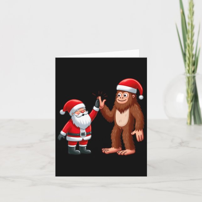 Funny Christmas Santa Claus Bigfoot High-fiving Xm Card (Front)