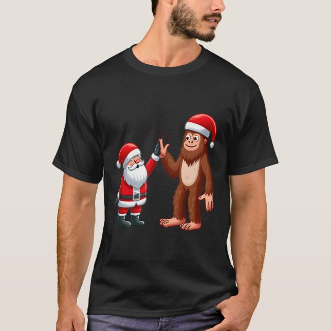 Funny Christmas Santa Claus Bigfoot High-fiving Xm T-Shirt (Front)