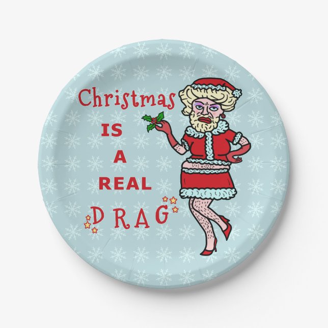 Funny Christmas Santa Claus Drag Bah Humbug Party Paper Plate (Front)