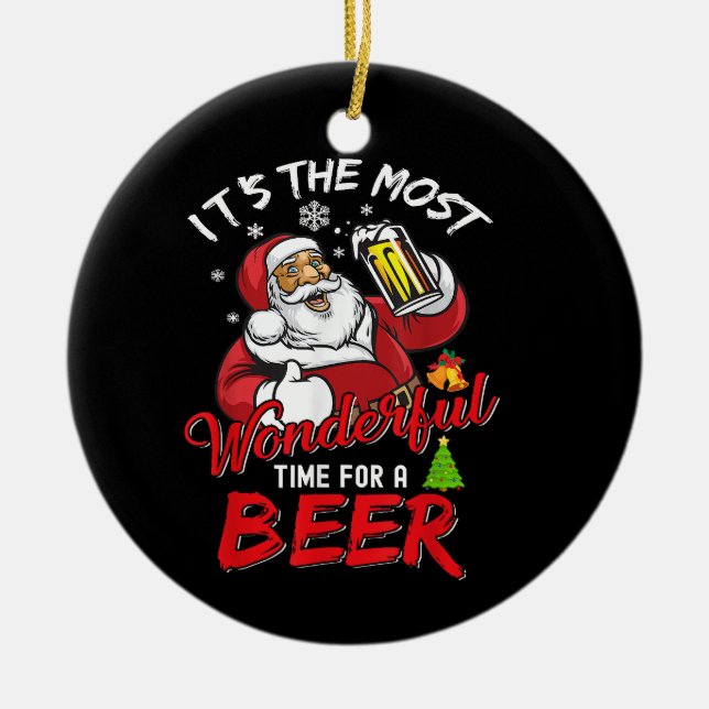 Funny Christmas Santa Claus Drinking Beer Wonderfu Ceramic Tree Decoration (Front)