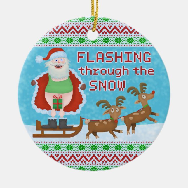 Funny Christmas | Santa Claus Flashing Thru Snow Ceramic Tree Decoration (Front)