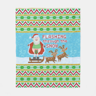 Funny Christmas Santa Claus Flashing Thru Snow Fleece Blanket