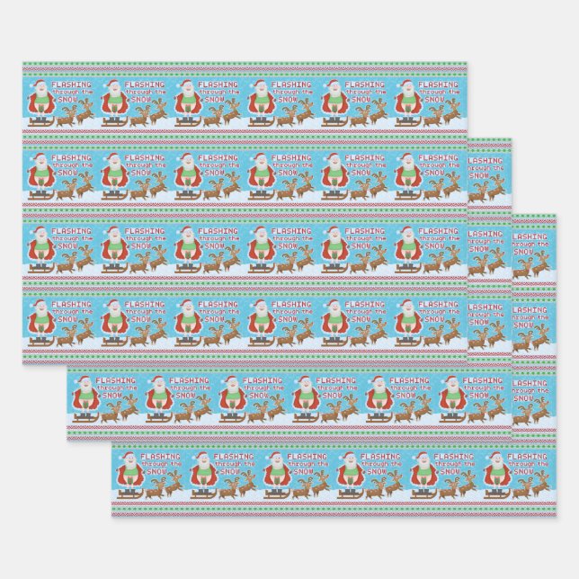 Funny Christmas Santa Claus Flashing Thru the Snow Wrapping Paper Sheet (Set)