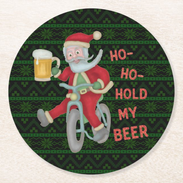 Funny Christmas Santa Claus Hold My Beer Humour Round Paper Coaster (Front)