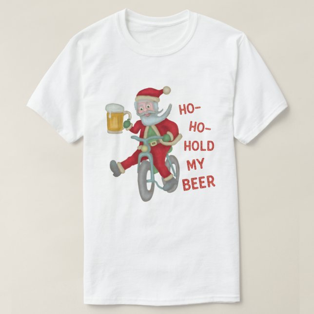 Funny Christmas Santa Claus Hold My Beer Humour T-Shirt (Design Front)