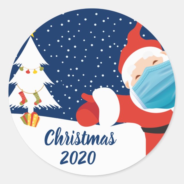 Funny Christmas Santa Claus in Face Mask Classic Round Sticker (Front)