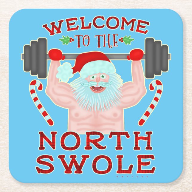 Funny Christmas Santa Claus Swole Weightlifter Square Paper Coaster (Front)