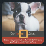 Funny Christmas Santa Dog More Wag Less Bark Photo Square Sticker<br><div class="desc">Funny dog themed holiday sticker featuring the words "Dear Santa, if more wag & less bark = MORE TREATS, I'm in". Currently there's a photo of a cute french bulldog puppy but your can easily add your dog's photo and names to customise. Great for packages, envelopes, presents, dog lovers, walkers,...</div>