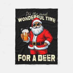 Funny Christmas Santa Drinking Beer Wonderful Time Fleece Blanket