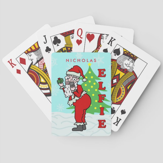 Funny Christmas Santa Elfie Personalised Playing Cards (Back)