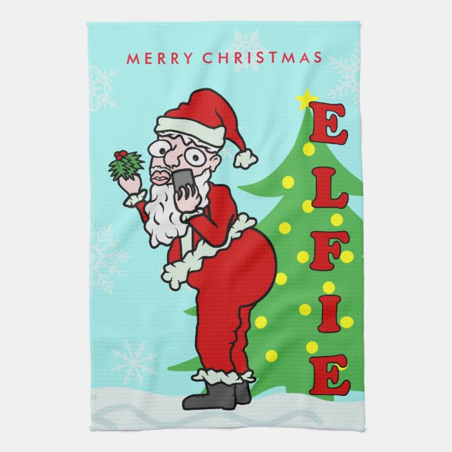 Funny Christmas Santa Elfie Personalised Tea Towel (Vertical)