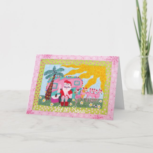 Funny Christmas Santa Flamingo Trailer Holiday Card (Front)