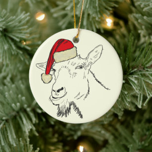 Funny Christmas Santa Goat Quirky Farm Animal Art Ceramic Tree Decoration