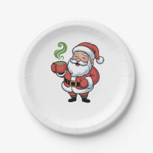 Funny Christmas Santa Hoolding a Matcha Drink   Paper Plate