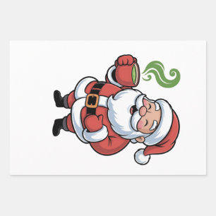 Funny Christmas Santa Hoolding a Matcha Drink Wrapping Paper Sheet