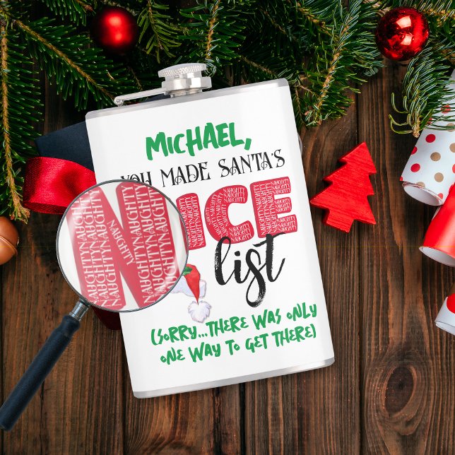 Funny Christmas Santa Naughty List Name For Him  Hip Flask (Funny Naughty Nice Christmas Gift for Him)