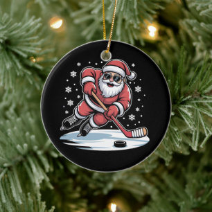 Funny Christmas Santa Playing Ice Hockey Xmas  Ceramic Tree Decoration