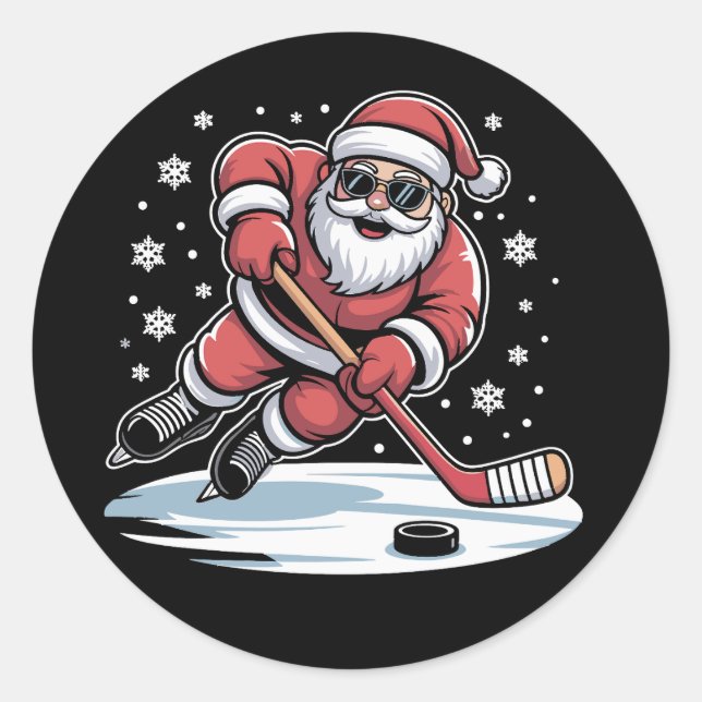 Funny Christmas Santa Playing Ice Hockey Xmas  Classic Round Sticker (Front)