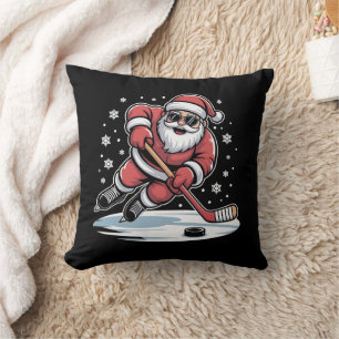 Funny Christmas Santa Playing Ice Hockey Xmas Cushion
