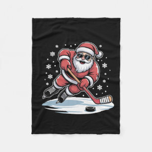 Funny Christmas Santa Playing Ice Hockey Xmas  Fleece Blanket