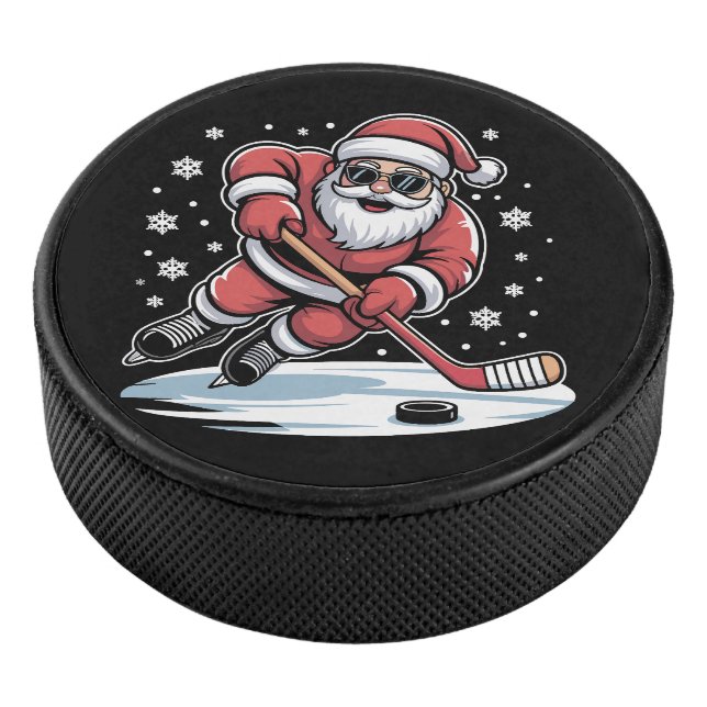 Funny Christmas Santa Playing Ice Hockey Xmas  Hockey Puck (3/4)