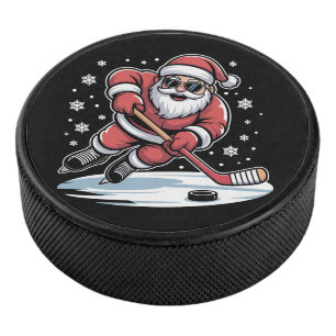Funny Christmas Santa Playing Ice Hockey Xmas  Puck