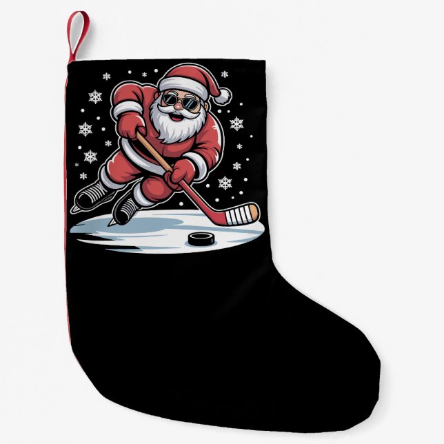 Funny Christmas Santa Playing Ice Hockey Xmas  Small Christmas Stocking (Front)