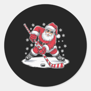 Funny Christmas Santa Playing Ice Hockey Xmas Spor Classic Round Sticker