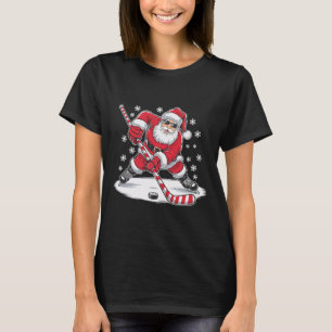 Funny Christmas Santa Playing Ice Hockey Xmas Spor T-Shirt